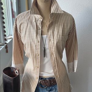 Tan Gingham Women's Top with Lace Accents